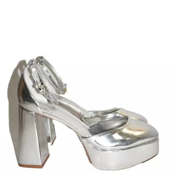 $350 Larroude Ari Strap Platform Heel SANDAL PUMP LEATHER SILVER 7.5 (DB29) - Picture 2 of 7